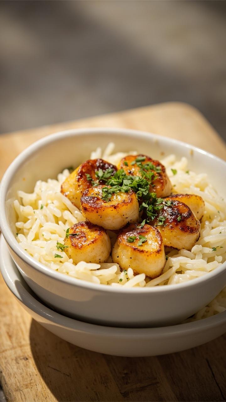 A bowl of creamy white garlic rice topped with a neat fan of golden seared scallops, finished with chopped parsley. The bowl sits on a light wooden board.