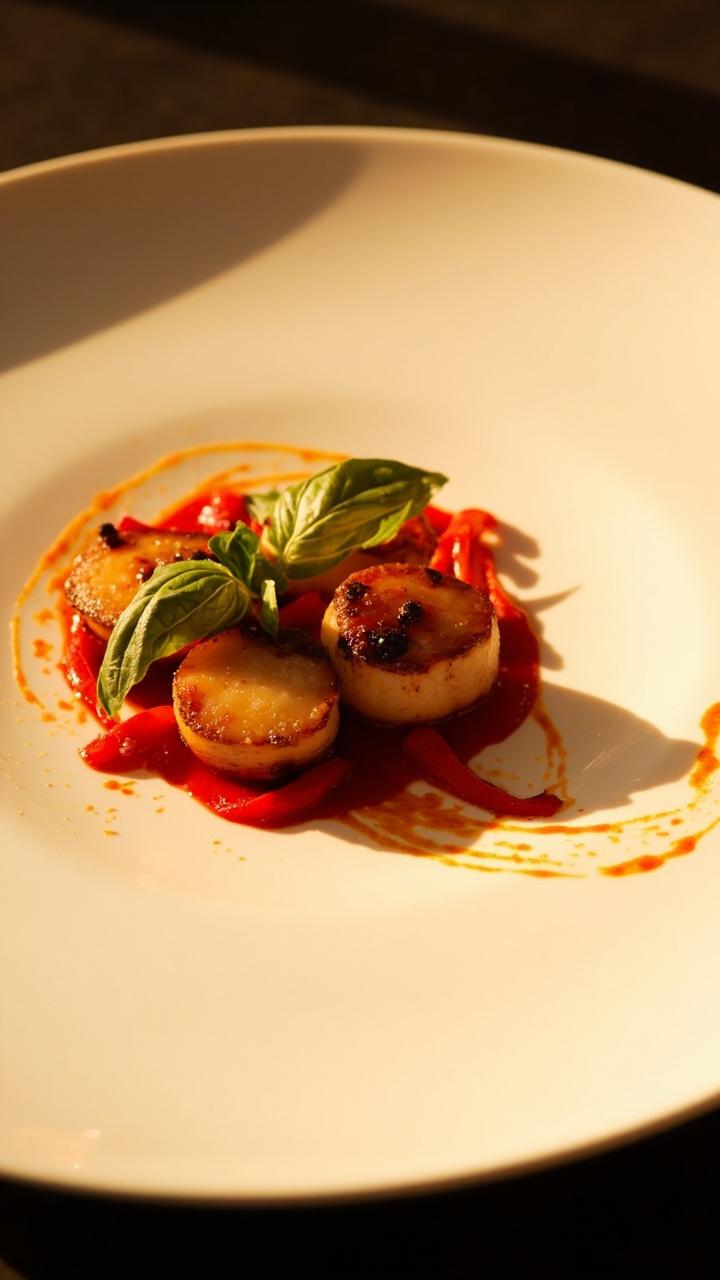 A large white plate holds scallops drizzled in smooth red sauce, with extra sauce swirled on the side. Charred red pepper strips and a few fresh basil leaves garnish the plate.