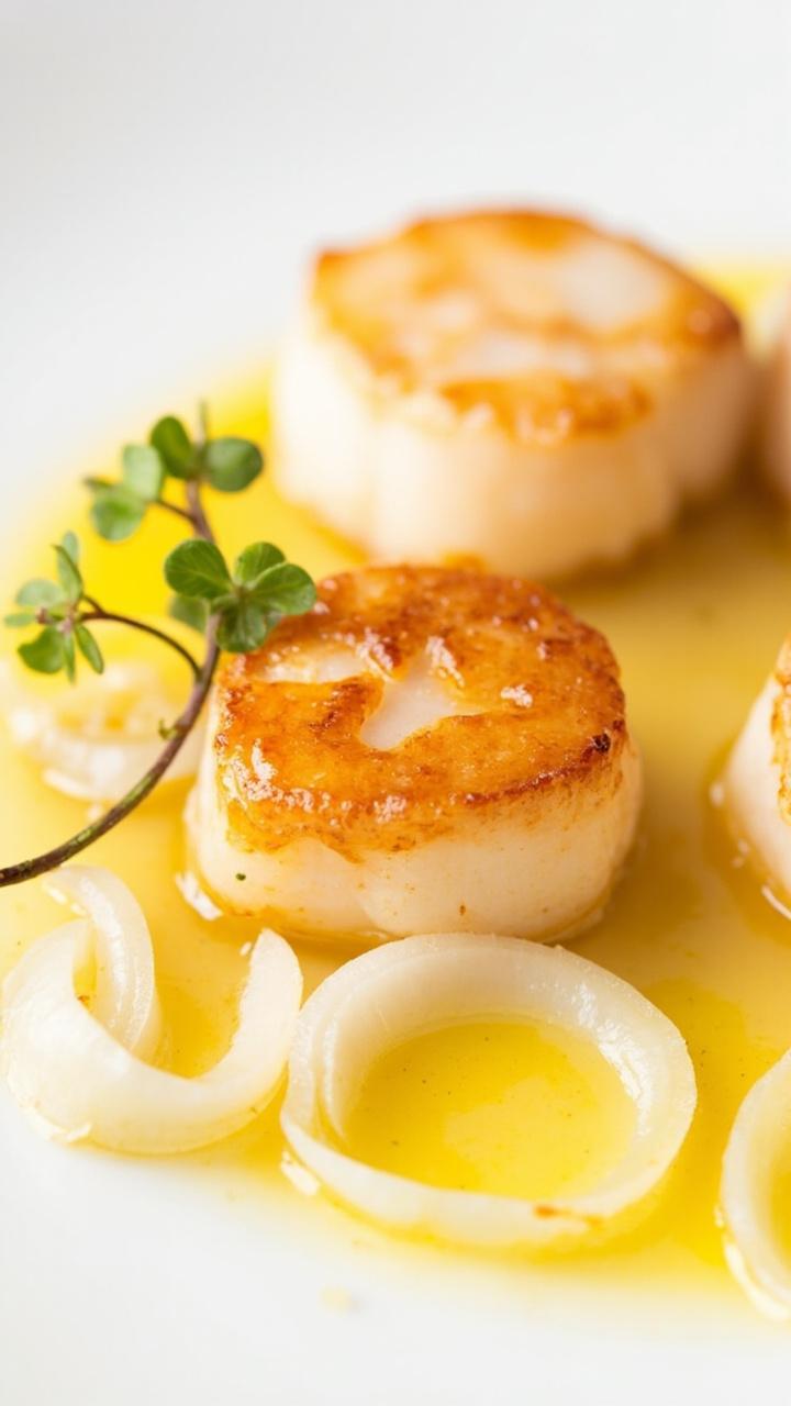 Scallops sit in a shallow pool of glossy, translucent shallot wine sauce on a white plate. A few thinly sliced shallots and a sprig of thyme rest to the side.