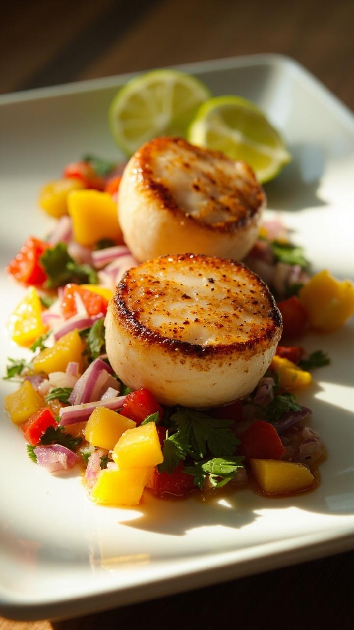 A white square plate with scallops nestled on a bed of chunky mango salsa (mango, red pepper, cilantro, and red onion). Lime wedges finish the scene.
