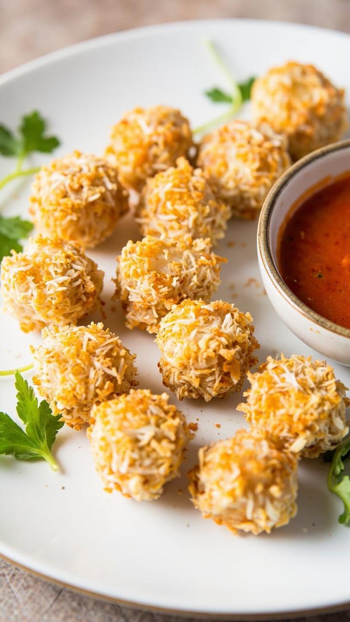 Scallops coated in a golden panko and coconut crust are arranged in a neat circle on a round plate with a small bowl of sweet chili dipping sauce. A few cilantro sprigs decorate the plate.