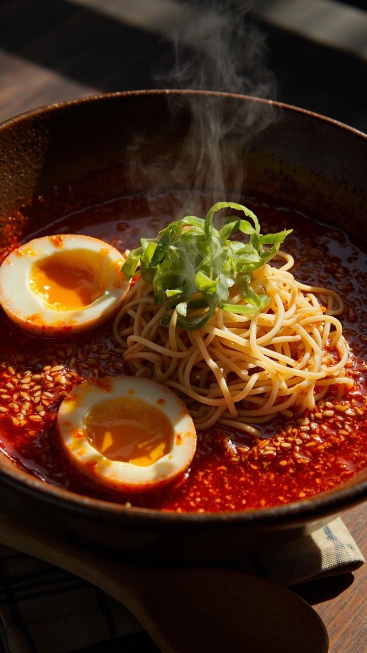 A deep ceramic bowl filled with crimson gochujang broth, tangled ramen noodles peeking out, garnished with soft-boiled egg halves, sliced green onions, sesame seeds, and a drizzle of chili oil. A wooden spoon rests on a plaid napkin beside the bowl.