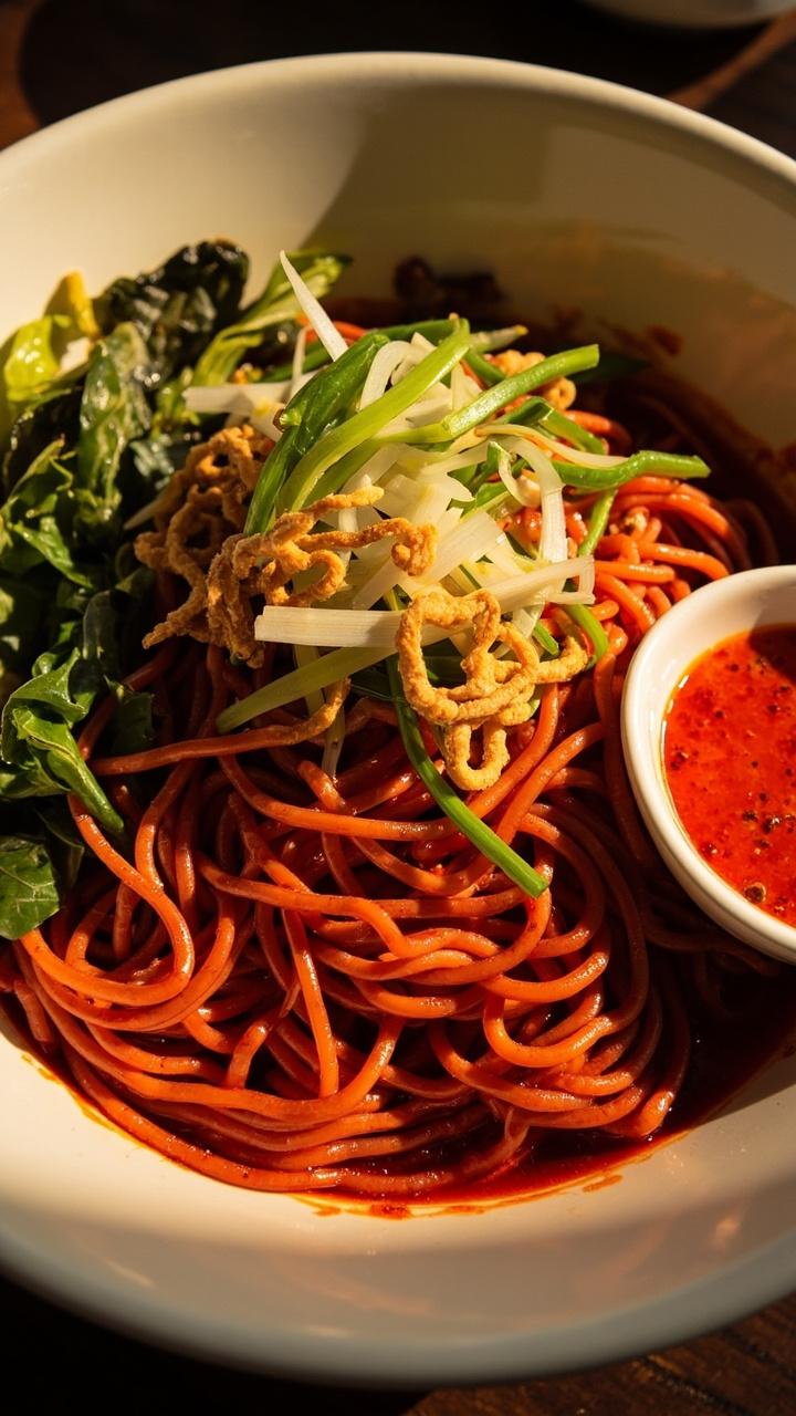 A wide white bowl of bright red noodles slicked in chili oil, flecked with crispy garlic chips, crowned with wilted bok choy, and a tangle of thinly sliced scallion greens. A small side dish of extra chili oil on the side.