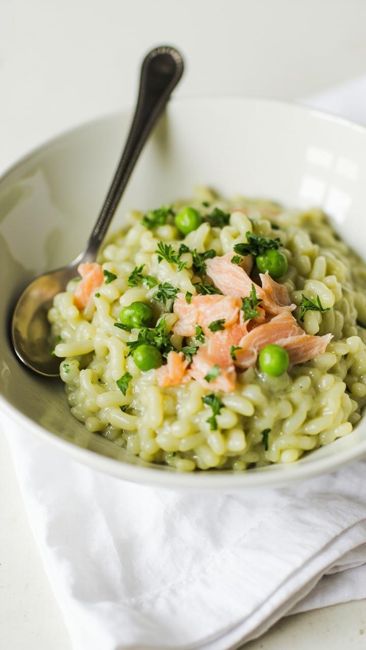 A shallow white bowl of creamy risotto, pale green from peas, with flakes of salmon mixed through. Finished with fresh parsley and a few green peas on top. A spoon rests on the side of the bowl, cloth napkin underneath.