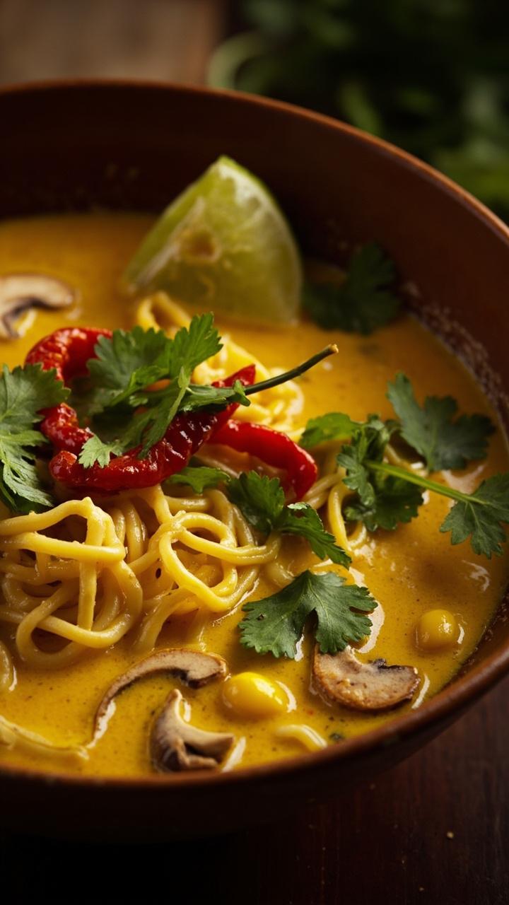 A rustic ceramic bowl with creamy yellow coconut curry broth, noodles swirled through, scattered with sliced red chilies, cilantro leaves, and a wedge of lime on the rim. Sliced mushrooms and baby corn dot the surface.