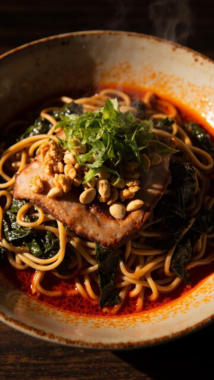 A shallow bowl of ramen with spicy, oil-slicked pork topping, tangled noodles beneath, wilted mustard greens, toasted peanuts, and a scattering of chopped scallion greens. Red chili oil pools around the edges.