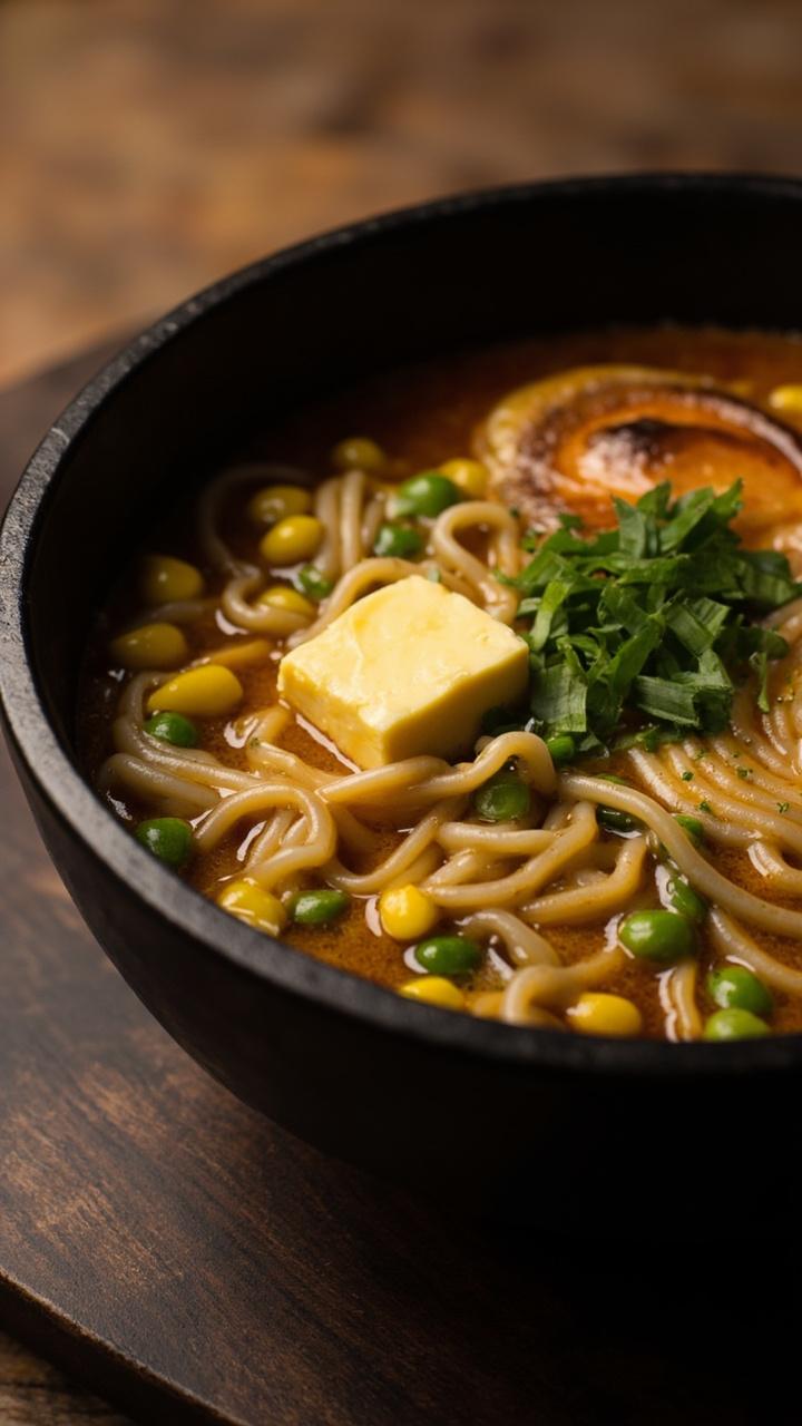 A modern black stoneware bowl filled with creamy amber broth, noodles swimming underneath, dotted with corn kernels, green peas, a pat of melting butter, miso paste swirled through, and a scattering of chopped chives.