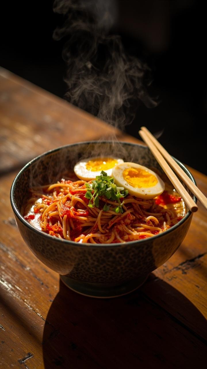 A bowl of steaming ramen noodles topped with tangled strips of kimchi, soft-boiled egg halves, fresh scallions, and a splash of bright red kimchi juice, served with a pair of chopsticks resting on the bowl.