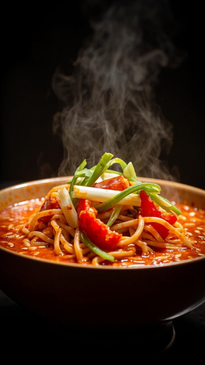 A vibrant bowl of orange-red ramen noodles glazed in honey-sriracha sauce, garnished with sesame seeds, sliced red bell peppers, and green onion diagonals. Tiny honey drizzle clings to the noodles.