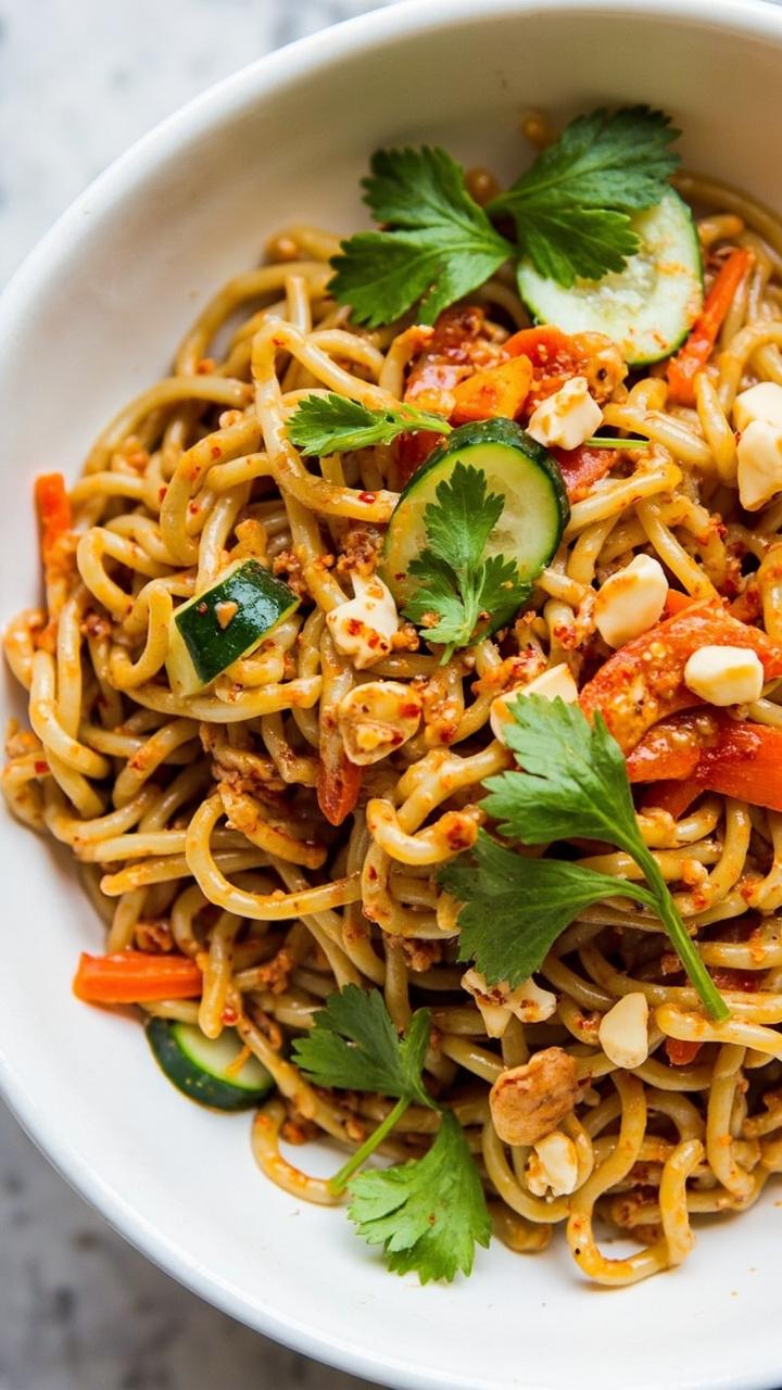 A wide white bowl loaded with thick ramen noodles coated in peanut butter-chili sauce, thinly sliced cucumber, shredded carrots, roasted peanuts, and cilantro sprigs scattered across the top.