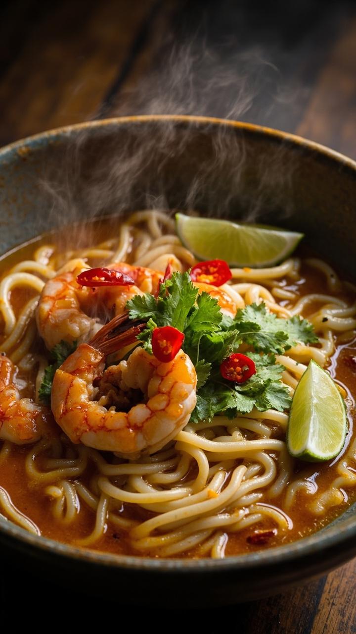 A shallow bowl of ramen topped with glistening chili-lime shrimp, a sprinkle of chopped cilantro, fresh lime wedges, and thin slices of red chili. Noodles peek out from a glossy, slightly spicy broth.