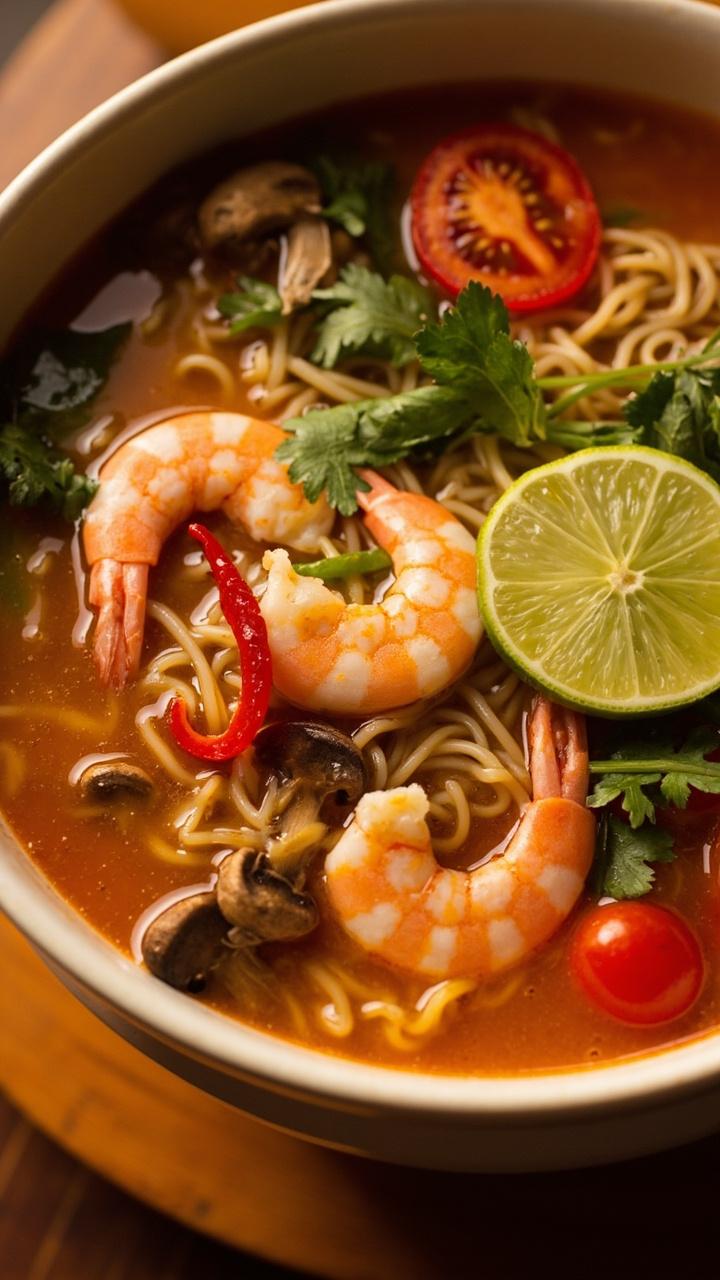 A large, round soup bowl with pale orange broth, noodles submerged, floating mushrooms, cherry tomatoes, plump shrimp, cilantro, and lime. Slices of red chili float on top.