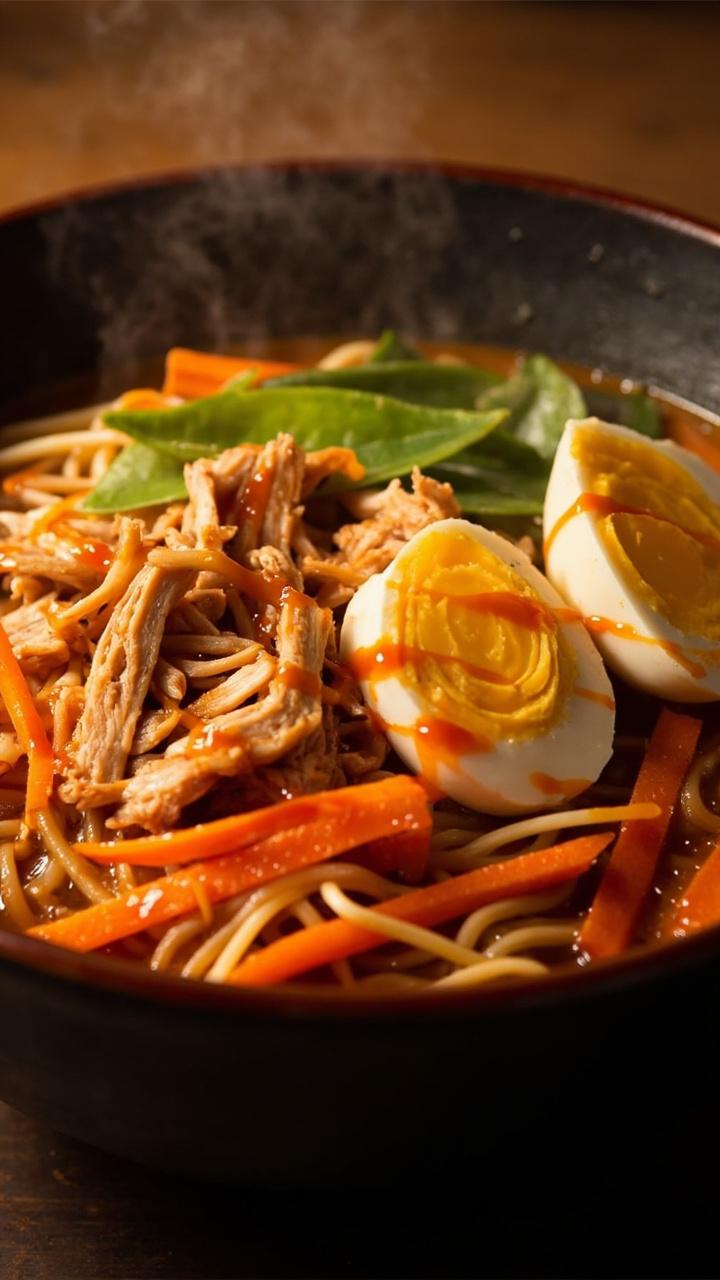 A big bowl of ramen noodles, topped with shredded chicken glazed in sriracha sauce, thinly sliced carrots and snow peas, and a few slices of hard-boiled egg for color.
