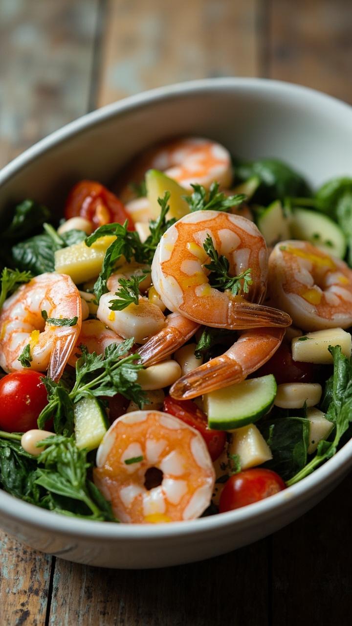 A shallow ceramic bowl filled with shrimp, white cannellini beans, halved cherry tomatoes, diced cucumber, and baby spinach tossed with fresh herbs and a drizzle of olive oil. Lemon zest and chopped parsley are scattered on top.