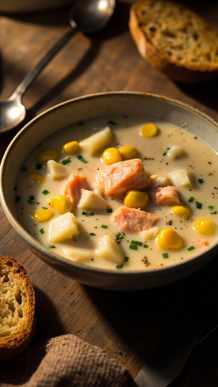 A deep bowl of creamy chowder, dotted with salmon chunks, bright yellow corn, diced potato, and a sprinkling of chives on top. Some toasted bread and a soup spoon rest beside the bowl on a casual kitchen table.