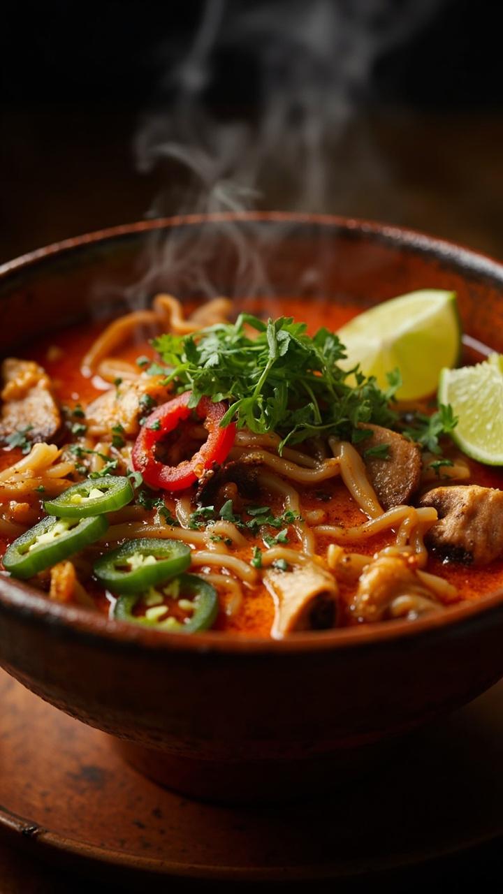 A rustic bowl full of ramen in a smoky red chipotle broth, mushrooms sautéed to golden, scattered with sliced jalapeño and fresh parsley. A wedge of lime finishes the look.