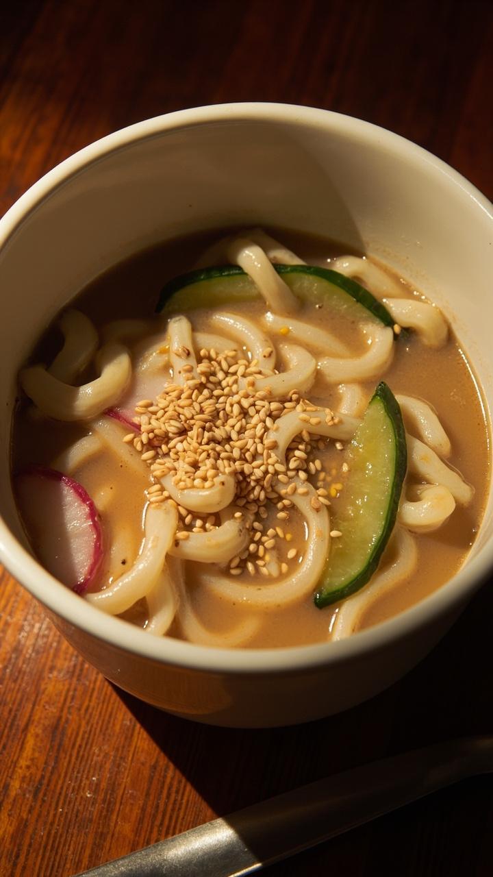 A gloss-white bowl filled with creamy tan sesame broth, curly noodles submerged, thin slices of cucumber and radish floating on top, a scatter of toasted sesame seeds, and a spoon resting beside.