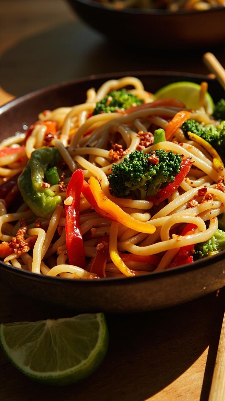 A shallow bowl or takeout container with glistening stir-fried ramen noodles, strips of bell pepper, broccoli florets, carrot ribbons, and a scatter of chili flakes. Chopsticks and a lime wedge on the side.