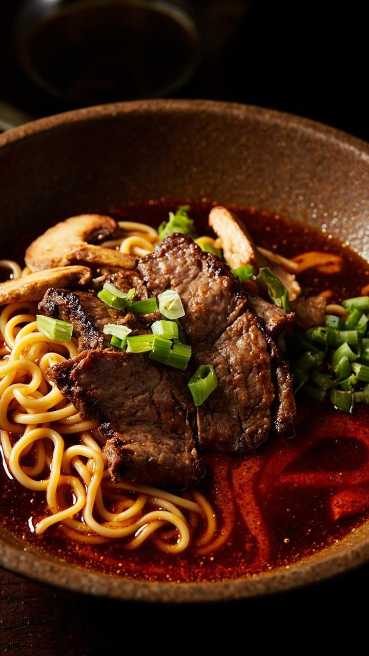 A deep bowl packed with rich brown soy sauce broth, tender ramen noodles, strips of seared beef, sautéed mushrooms, chopped scallions, and a hint of chili swirling on top.