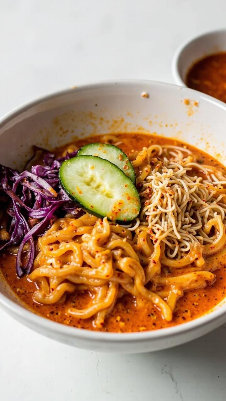 A cool, shallow bowl with glossy cold ramen coated in creamy spicy sesame sauce, topped with julienned cucumber, shredded purple cabbage, and a sprinkle of sesame seeds. Served with an extra dish of dipping sauce.