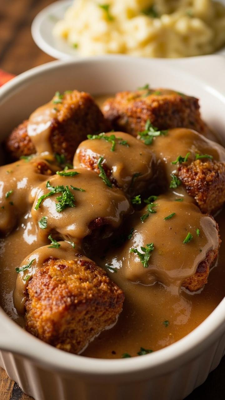 Tender breaded cubed steaks nestled in a deep white ceramic dish, covered in thick creamy onion gravy, flakes of fresh parsley sprinkled over top, and served with a side of mashed potatoes in the background.