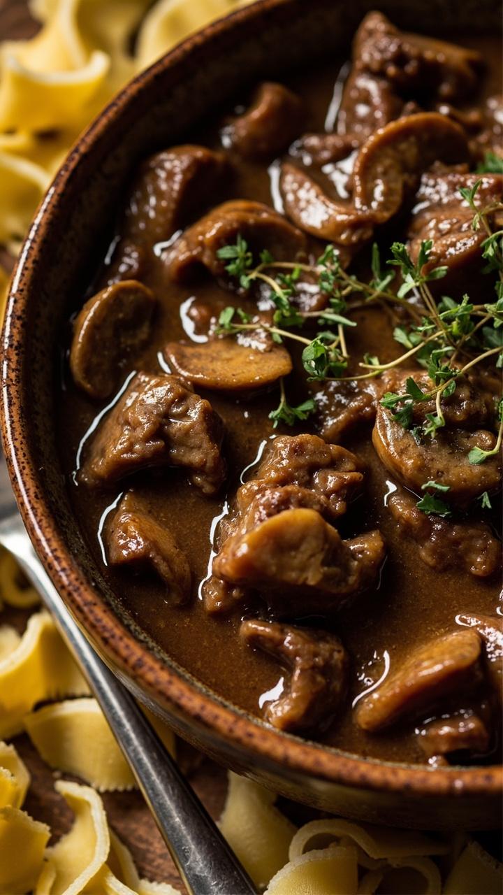 Sliced cubed steak swimming in glossy brown mushroom gravy, mushrooms peeking through, served in a rustic ceramic bowl over a mound of egg noodles, a sprinkle of chopped thyme, and a fork resting on the side.