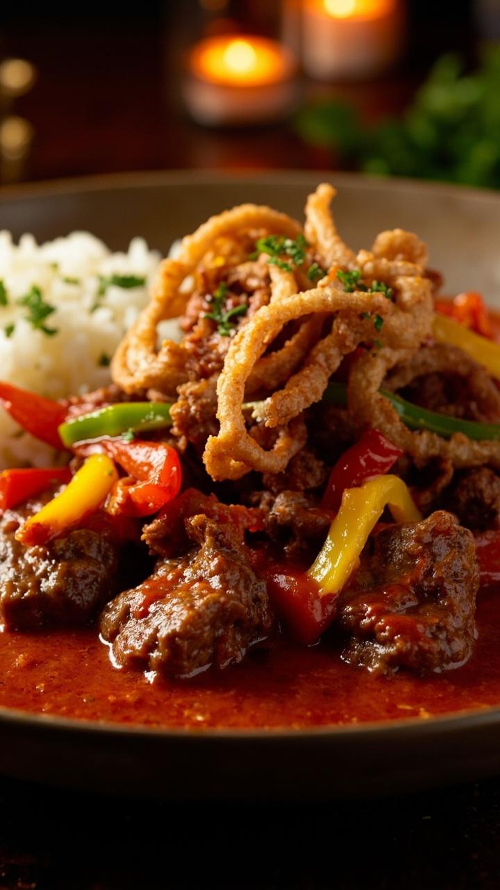 Fork-tender cubed steaks swimming in bright red tomato sauce with onion rings and bell pepper strips, served in a wide shallow bowl with a scoop of fluffy white rice beside, parsley scattered over the top.
