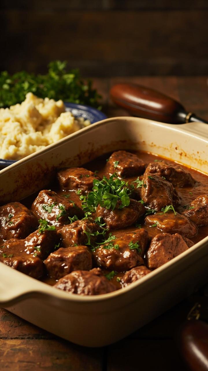 Cubed steaks nestled in a ceramic casserole dish, smothered in golden-brown gravy with a few bright green parsley leaves on top, served with creamy mashed potatoes on a wooden table.