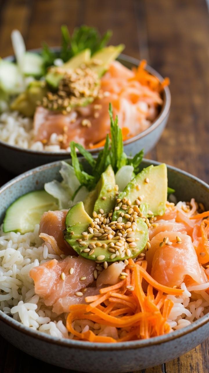 Two wide bowls filled with white rice, flaked salmon, shredded carrots, cucumber slices, and avocado, drizzled with creamy sriracha mayo. Sprinkle of toasted sesame seeds and sliced green onion on top.