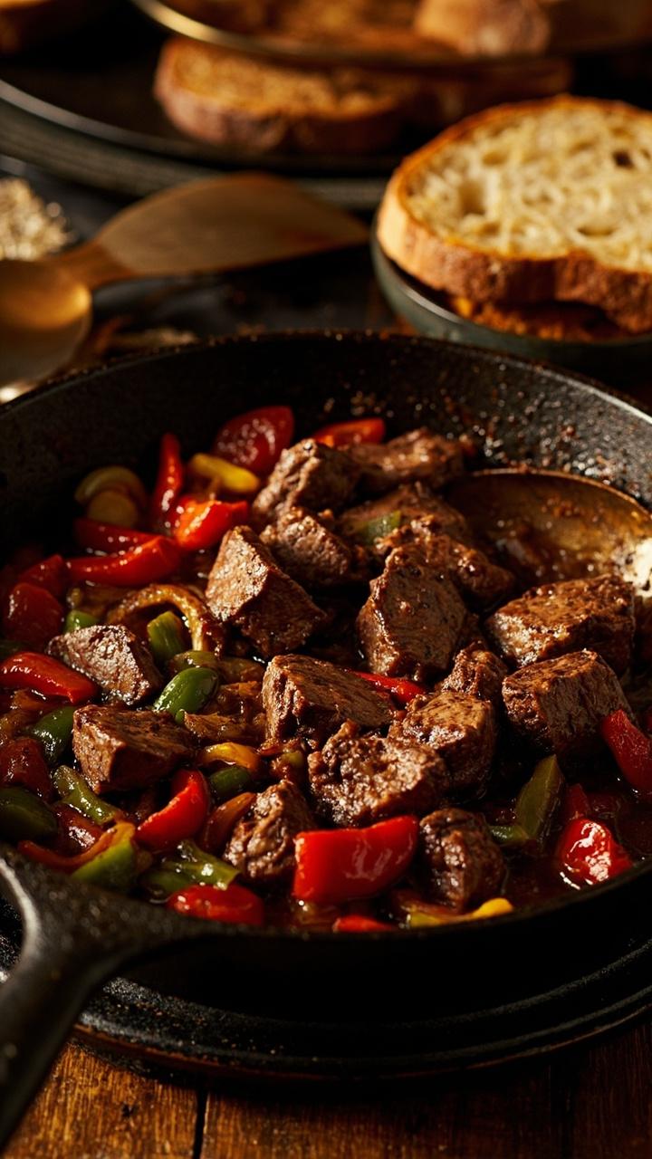 Sliced cubed steak with sautéed red and green bell peppers and onions piled high in a black cast iron skillet, with a serving spoon and crusty bread on the side.