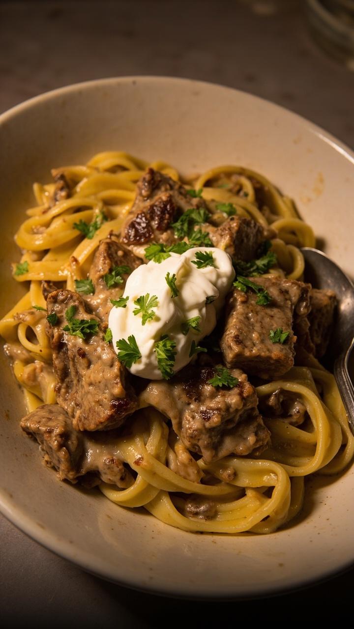 Wide egg noodles topped with cubed steak chunks in creamy mushroom sauce, a dollop of sour cream, and a sprinkle of fresh parsley served in a low, round white bowl with a spoon.