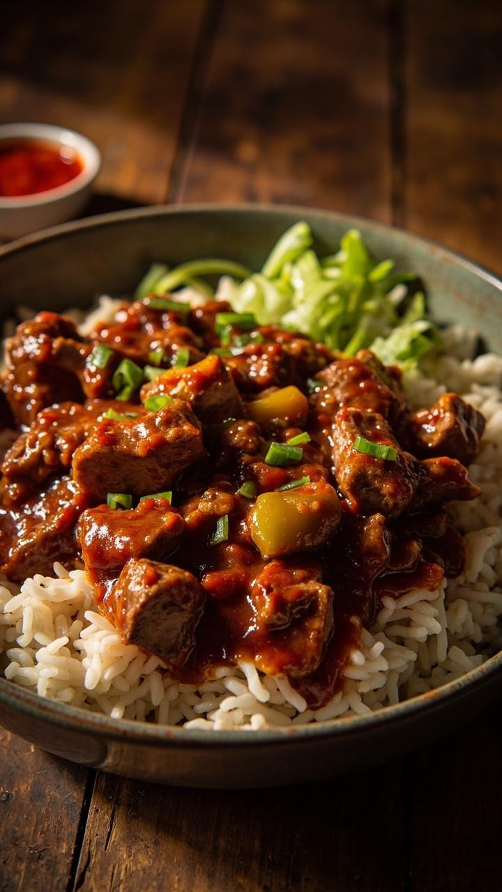 Cubed steaks coated in deep red Creole gravy with flecks of green and gold pepper, plated over fluffy white rice in a wide bowl, garnished with sliced green onions and hot sauce on the side.