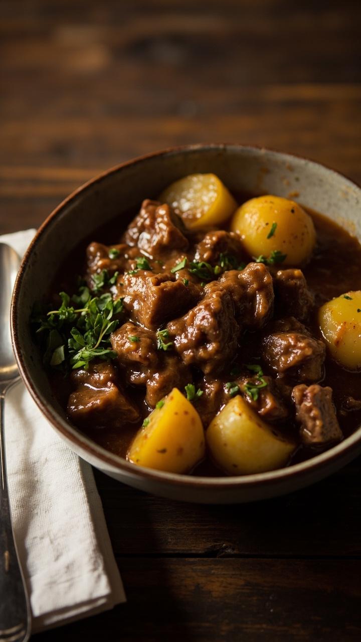 Chunks of cubed steak and golden potatoes sitting in a light brown beef gravy, served in a shallow round bowl with fresh chopped parsley on the side, a serving spoon, and a napkin folded nearby.