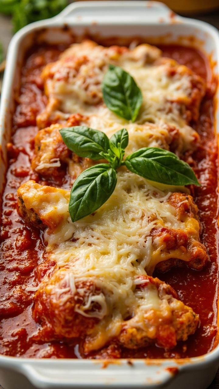 Breaded cubed steaks covered in bright red marinara sauce, melted mozzarella and parmesan bubbling on top, served in a white rectangular baking dish with a sprig of fresh basil for garnish.