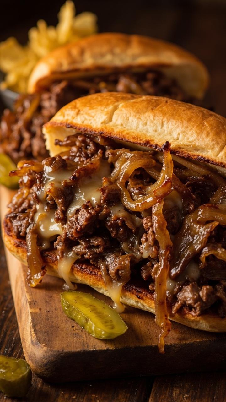 Griddled cubed steak slices and caramelized onions piled into toasted hoagie rolls with melted provolone cheese, set on a wooden board with potato chips and pickles on the side.