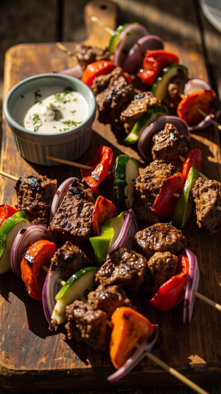 Colorful skewers with chunks of marinated cubed steak, red onion, bell pepper, and zucchini, grill marks across the meat, set on a wooden board with a bowl of tzatziki for dipping.