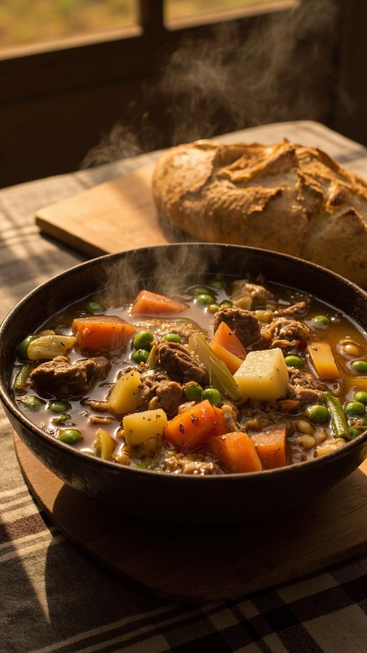 A homey bowl of soup brimming with cubed steak chunks, carrots, potatoes, peas, and celery in a savory broth, set on a farmhouse-style table with crusty bread on the side.