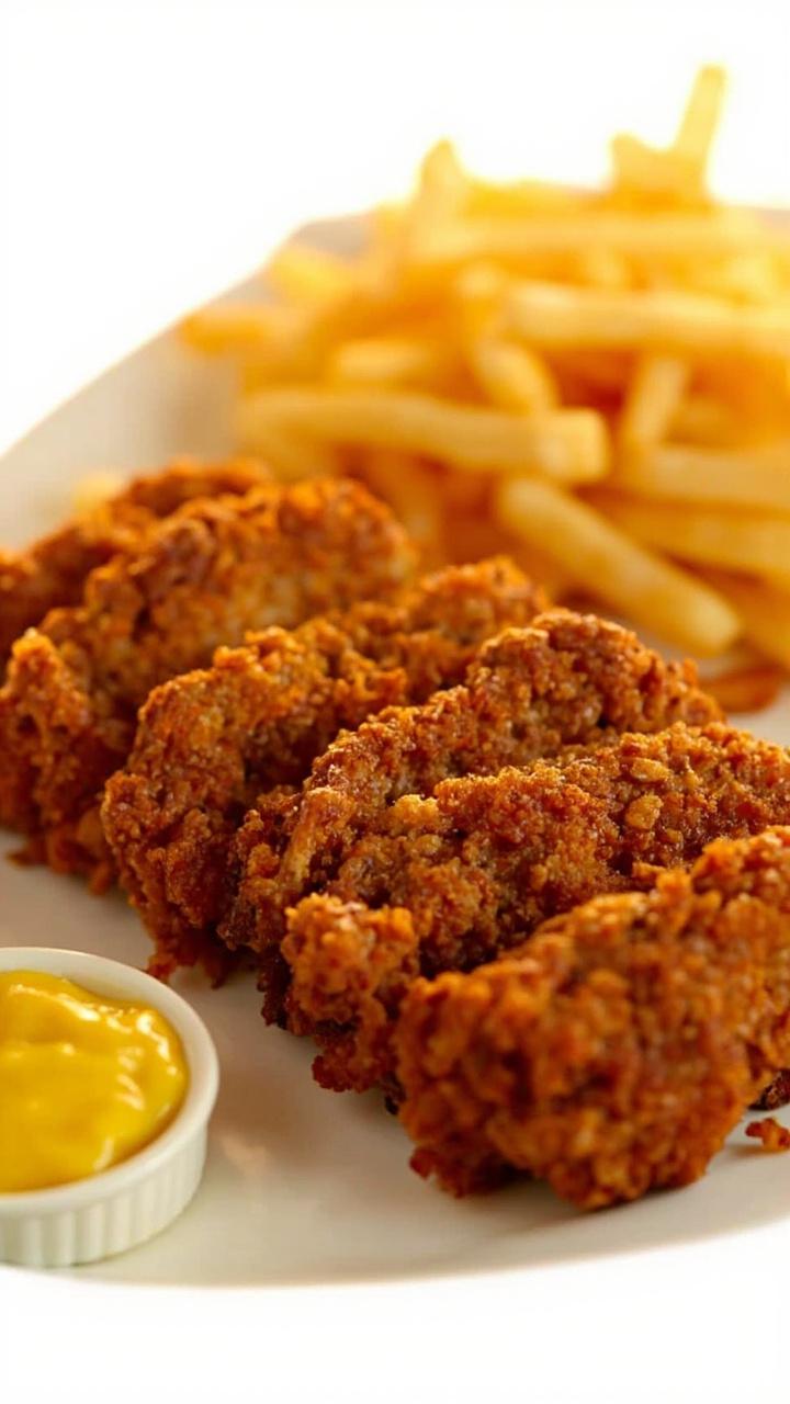 Golden-brown breaded cubed steak strips arranged on a white plate with a side of honey mustard dipping sauce and a pile of shoestring fries.