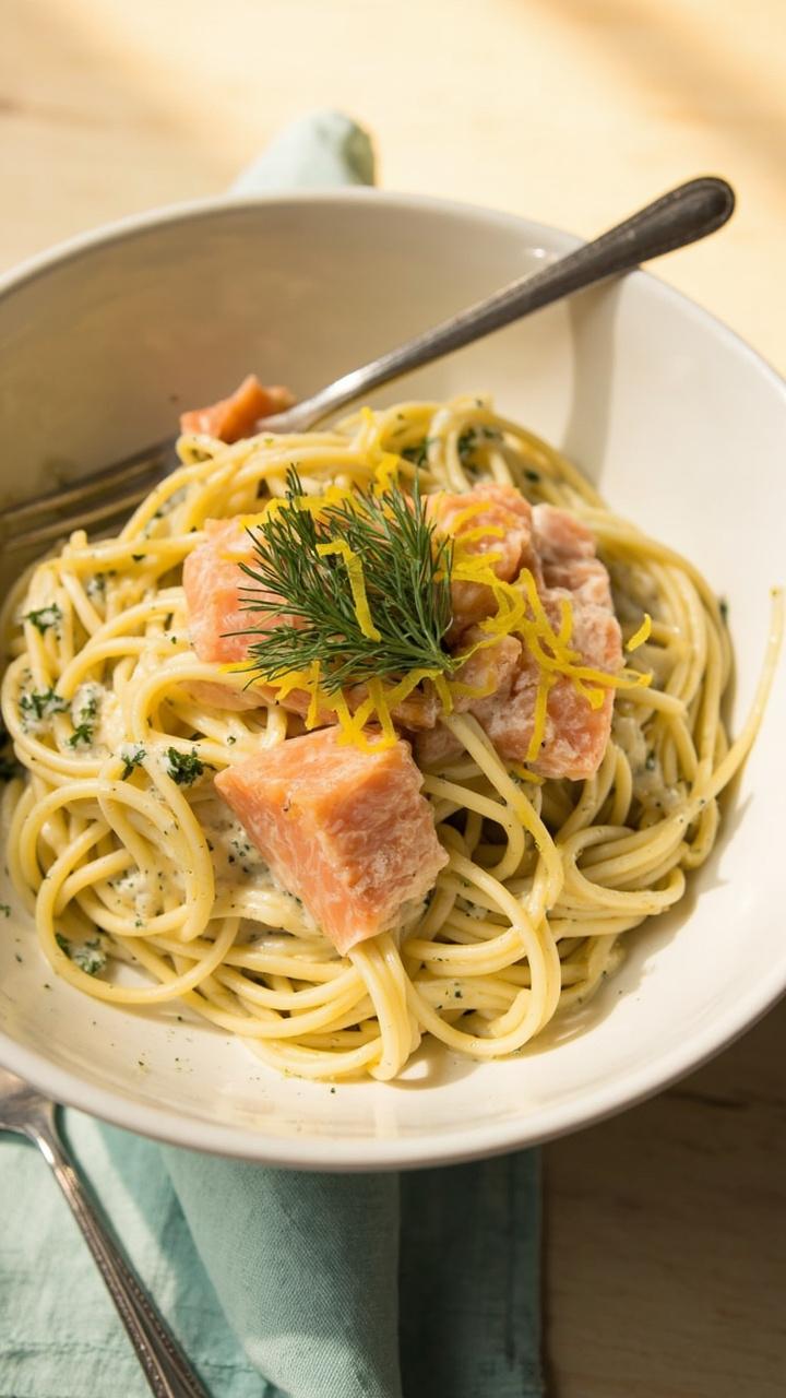 A shallow bowl of spaghetti coated in a creamy lemon-dill sauce, flaked salmon on top, with a few sprigs of fresh dill and grated lemon zest. Pale blue napkin and fork set beside.