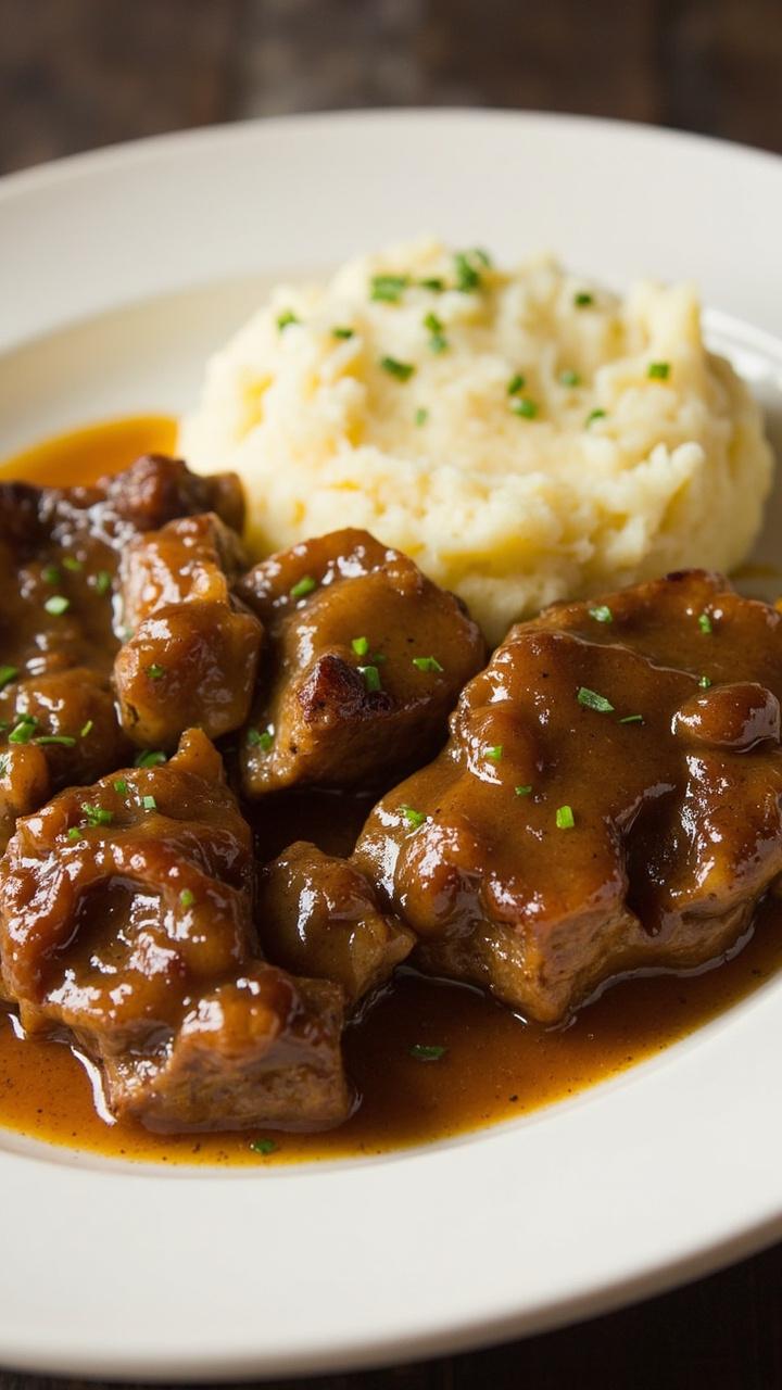 Pan-seared cubed steaks smothered in deep golden brown onion gravy served on a white dinner plate with a heap of mashed potatoes and a sprinkling of chives.