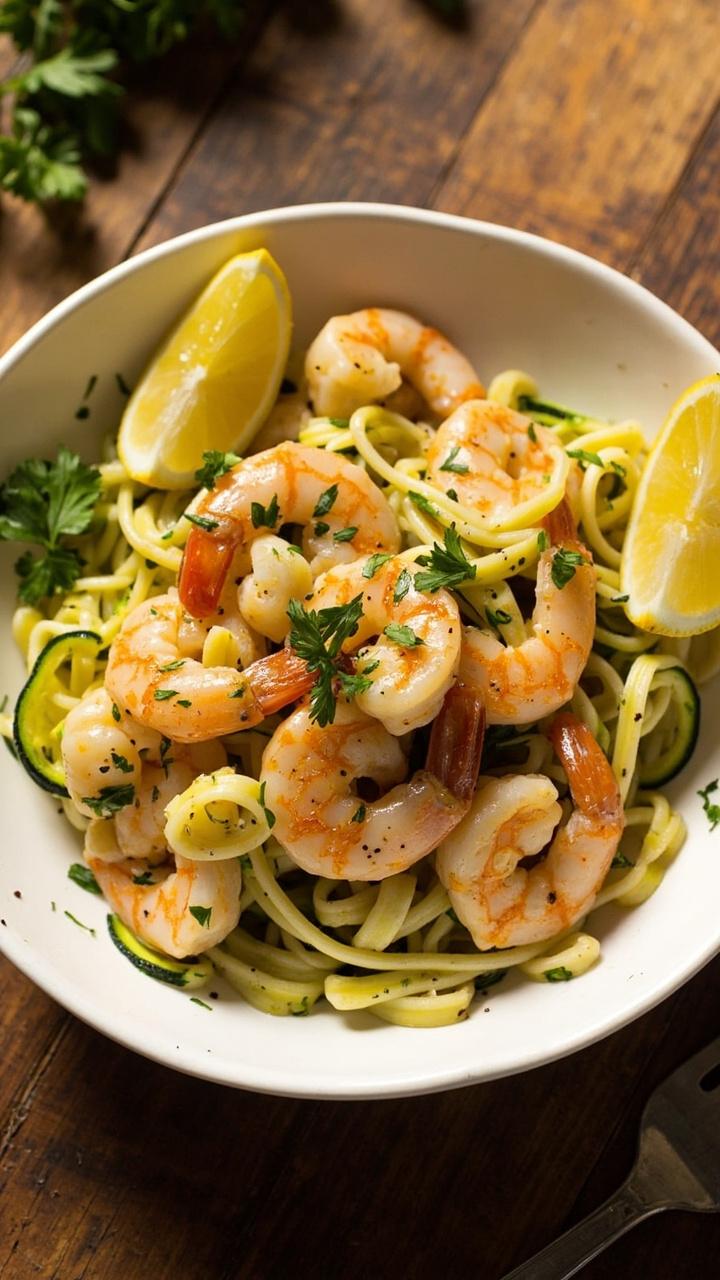 A shallow white bowl filled with spiralized zucchini noodles tossed with pink shrimp glistening in garlic butter. Freshly chopped parsley scattered over the top, with lemon wedges on the side and a few flecks of black pepper. Everything sits on a rustic wooden tabletop.