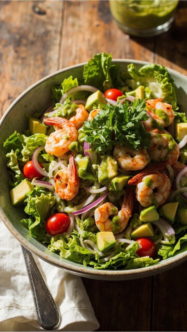 A generous wide salad bowl piled high with chopped romaine, seared shrimp, diced avocado, cherry tomatoes, and thin red onion slices. Everything is drizzled with a glossy green cilantro-lime dressing and finished with fresh cilantro leaves. White napkin and silver fork beside the bowl.