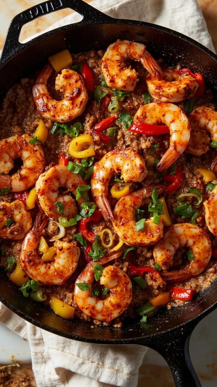 A deep black skillet filled with sizzling shrimp coated in a red-orange Cajun spice blend. Scattered slices of sautéed bell peppers and a sprinkle of chopped green onions brighten the scene. The skillet sits atop a simple white linen on a stove.