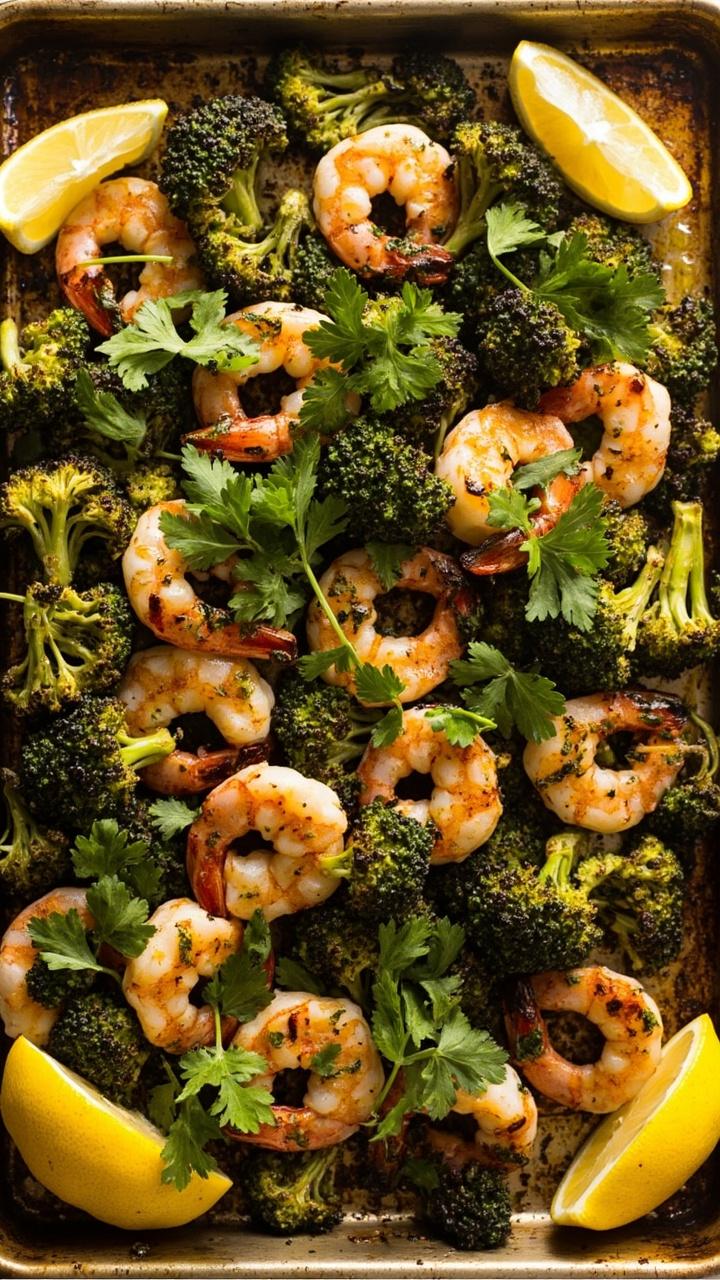 A metal baking sheet layered with roasted broccoli florets and plump shrimp, all glistening with olive oil and lemon juice, lightly charred around the edges. Lemon wedges arranged at the corners and a smattering of parsley.