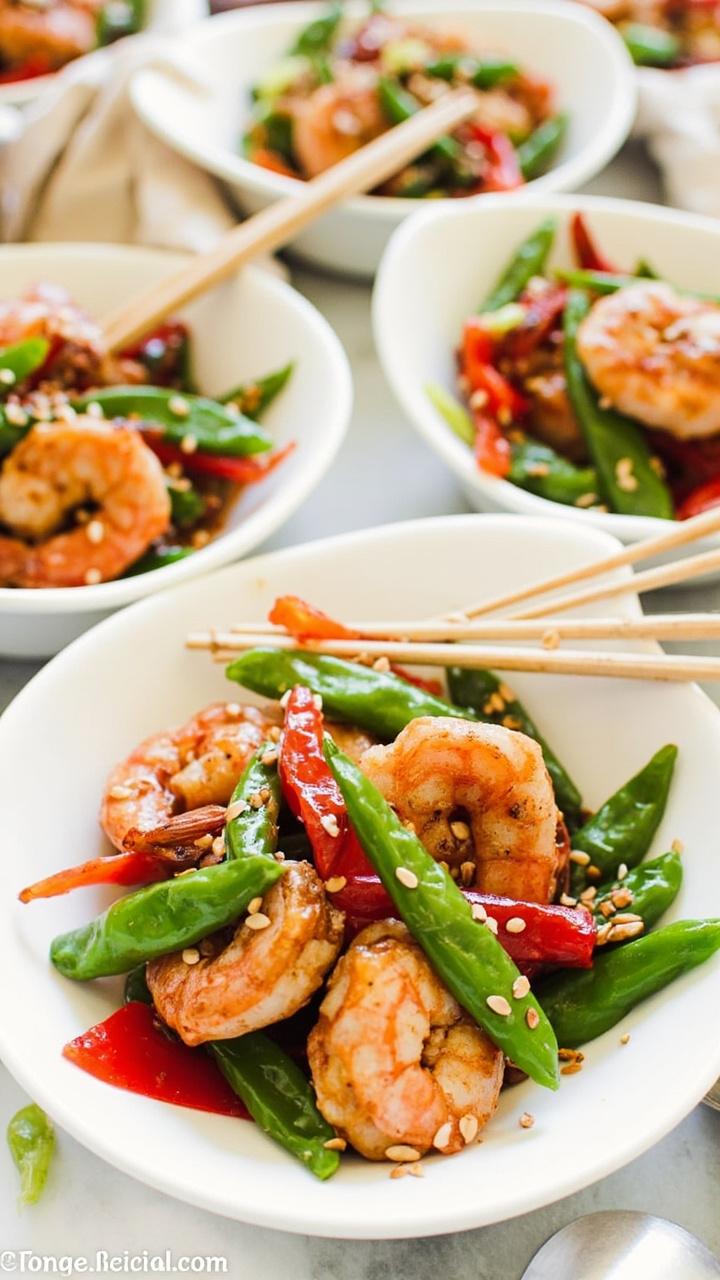 White shallow bowls brimming with sautéed shrimp, vibrant snap peas, and strips of red pepper, all glistening in a soy-ginger glaze. A sprinkle of sesame seeds and sliced green onion for garnish. Wooden chopsticks rest across the rim.