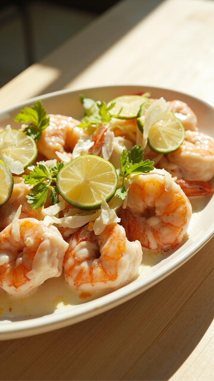 A low, wide white bowl brimming with shrimp coated in a glossy coconut-lime sauce, garnished with thin lime wheels and sprigs of cilantro. Coconut flakes sprinkled over for texture. Soft sunlight filtering on a light wooden table.