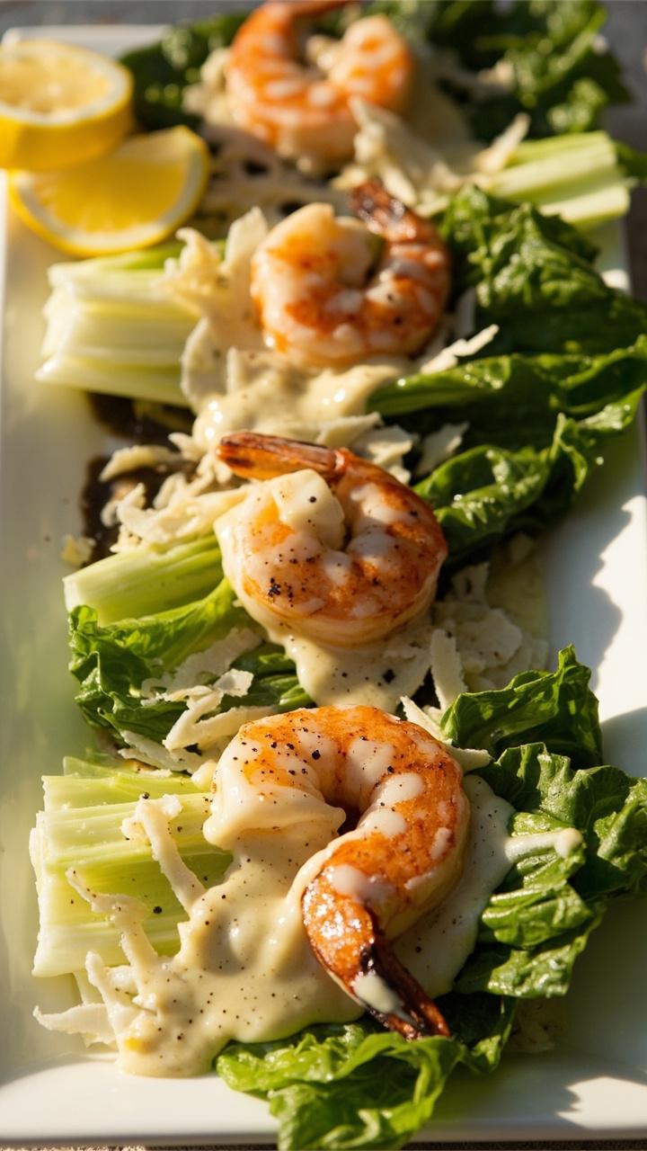 Long romaine leaves lined up on a platter, each piled with grilled shrimp, a drizzle of creamy Caesar dressing, shredded parmesan, and a sprinkle of cracked black pepper. Lemon wedges at the side.