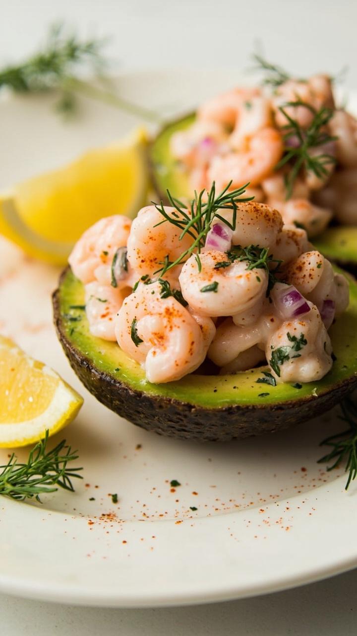 Halved avocados on a ceramic plate, each half heaped with creamy pink shrimp salad, speckled with fresh dill and finely diced red onion. Lemon wedges and a dusting of paprika complete the look.