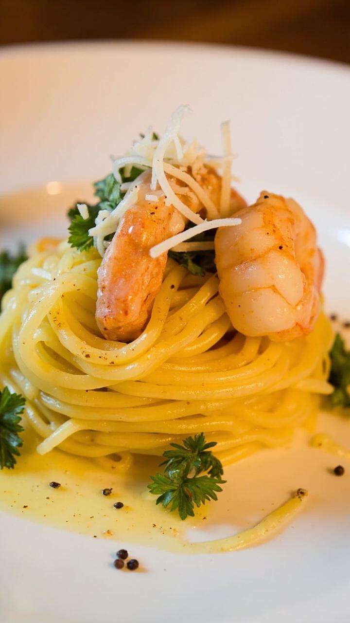 Mounded twirls of golden spaghetti squash on a white plate, topped with sautéed shrimp, flecks of parsley, and a generous drizzle of lemon-garlic butter sauce. The plate is sprinkled with parmesan cheese and fresh ground pepper.