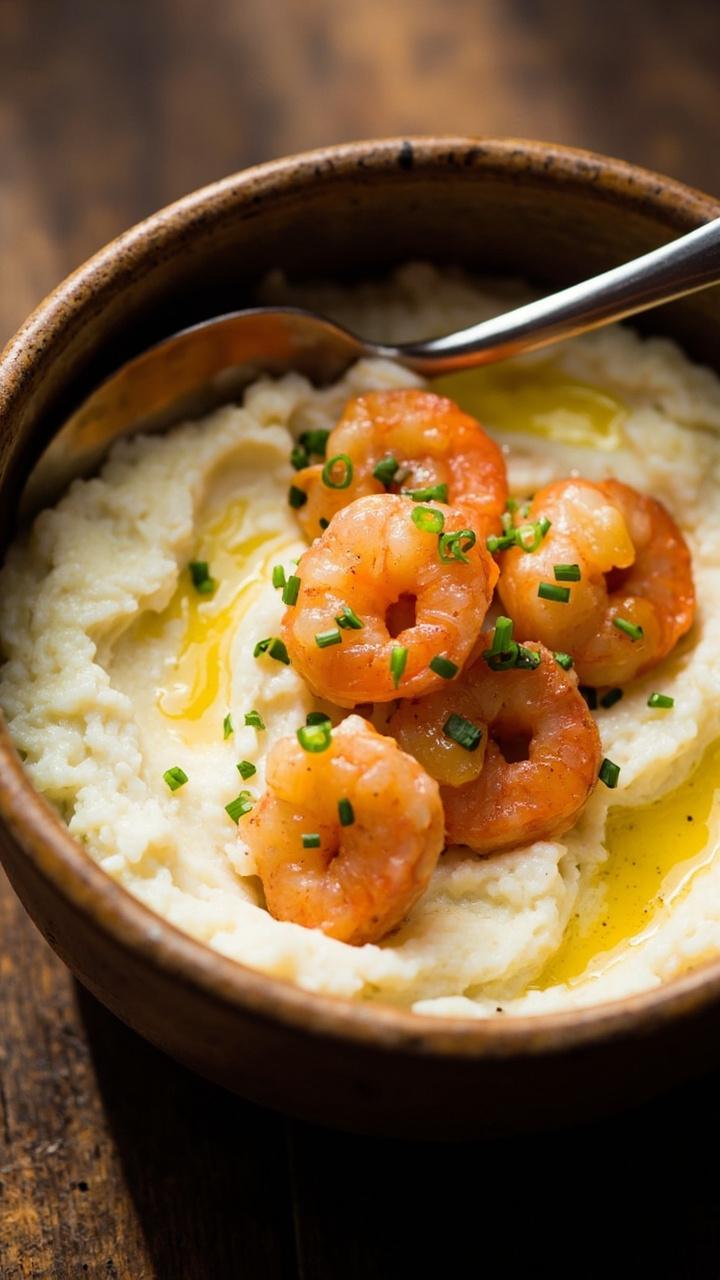 A rustic bowl layered with creamy white cauliflower mash, topped with golden brown shrimp and flecks of fresh chives. A light drizzle of paprika butter sauce and a side spoon finish the homey scene.